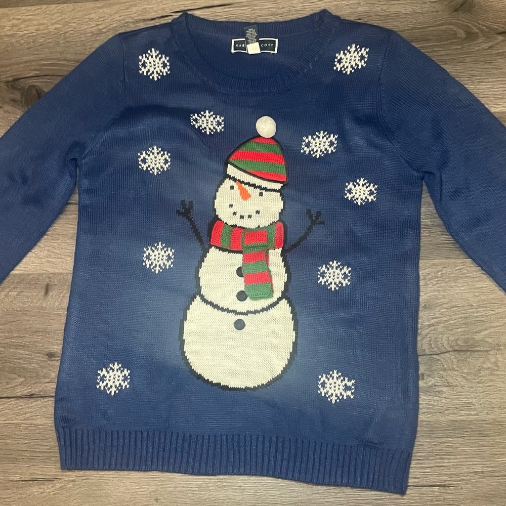 🎄Karen Scott, blue with white snowman with hat, Christmas  sweater size Medium